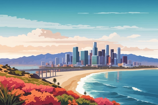 city Los Angeles seacoast view sea illustration