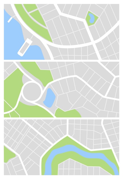 City map set. Town streets with green line park and river. Downtown gps navigation plans, abstract transportation urban in vector. Drawing town small road maps. Urban patterns texture