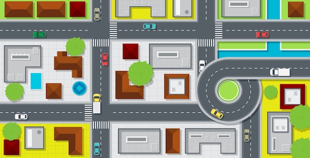 City map with buildings and cars on the road