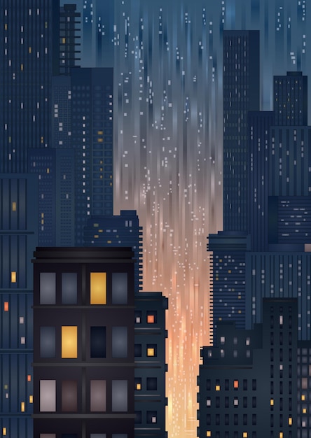 City night landscape Vector illustration of night city houses silhouettes in bright lights