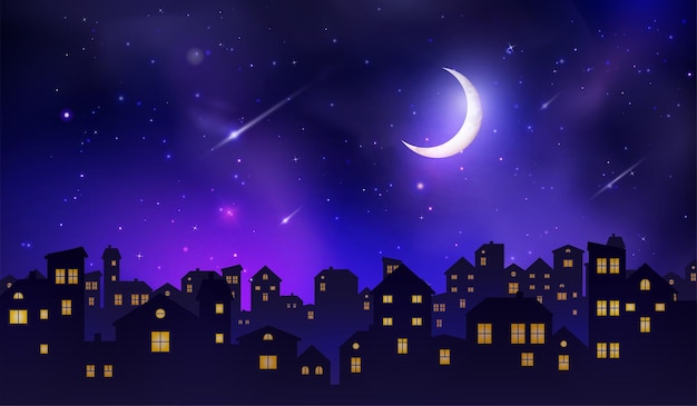 Vector city night sky moon and glowing stars silhouettes houses town view buildings with lights in windows evening old roof spooky urban landscape magic midnight vector cartoon exact background