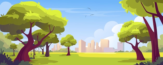 Vector city park background banner in cartoon design summer green foliage trees and bushes meadow for public recreation skyscrapers at horizon cityscape backdrop with garden vector cartoon illustration