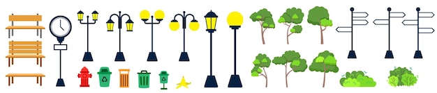 Vector city park icon element bundle trees bushes trashcan lightpole direction bench