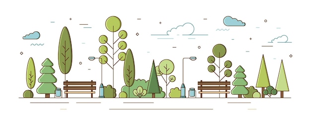 City park or municipal garden with trees, bushes, street lights and benches. Urban recreational area or zone. Modern colorful vector illustration in line art style for public location planning.