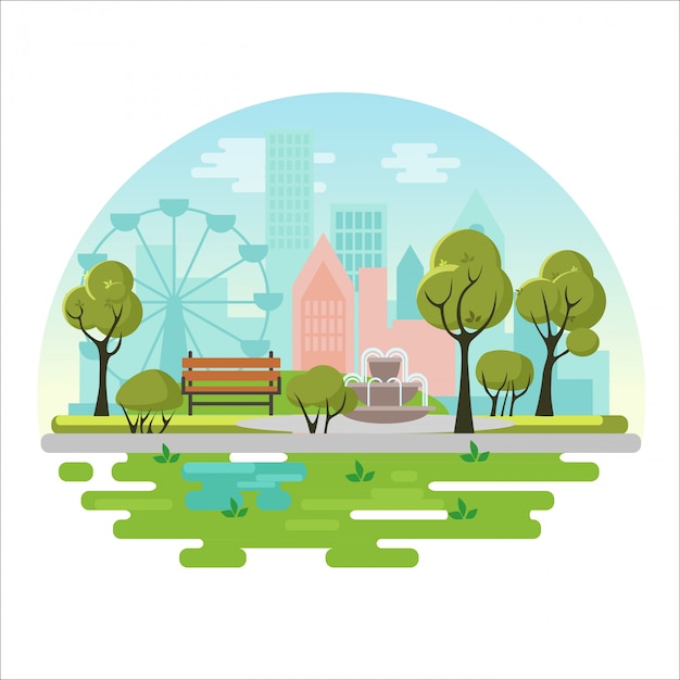 Vector city public park vector illustration concept poster with bench, trees, fountain, plants on modern city background. green eco landscape