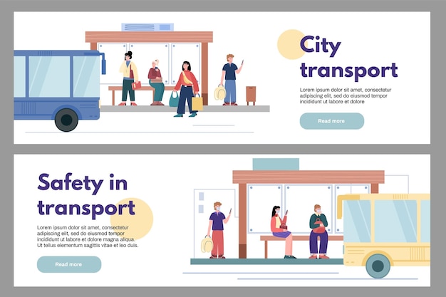 City public transport banners or flyers set flat vector illustration