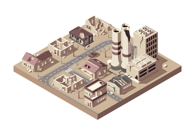 City ruins. Abandoned town with broken buildings manufacturing city decay vandalized objects  isometric.