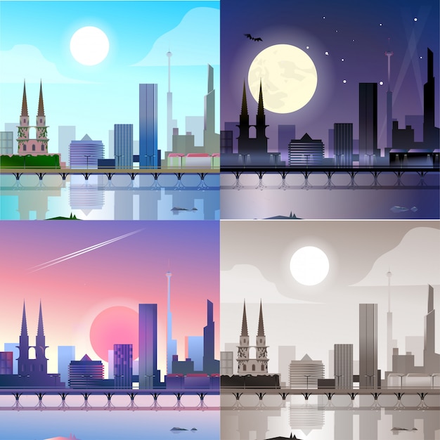 City scape historic buildings skyscrapers embankment bridge scene Daylight night moonlight sunset view set.