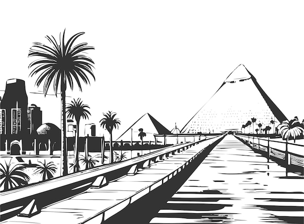 City scape skyline Cairo Egypt pyramids sketch vector art ink line drawing abstract style editable