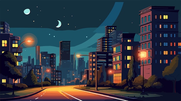 Vector city scene at night cartoon vector illustration