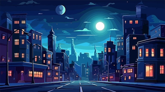 Vector city scene at night cartoon vector illustration