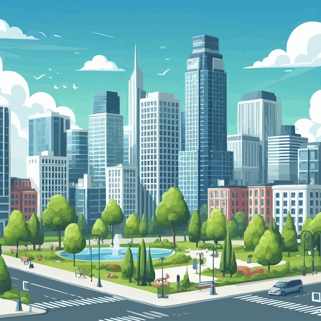 City scene with office buildings and park vector illustration