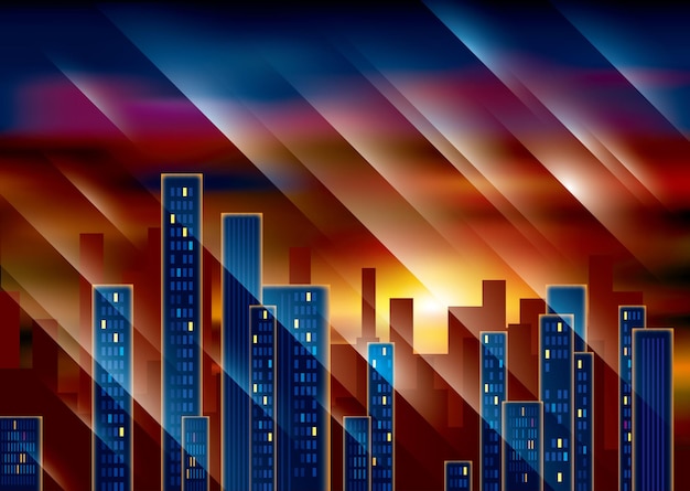 City scenery under the sunset. The picture has some decorative twill designs.