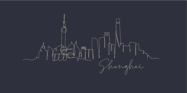 City silhouette Shanghai in pen line style drawing with beige lines on dark blue background