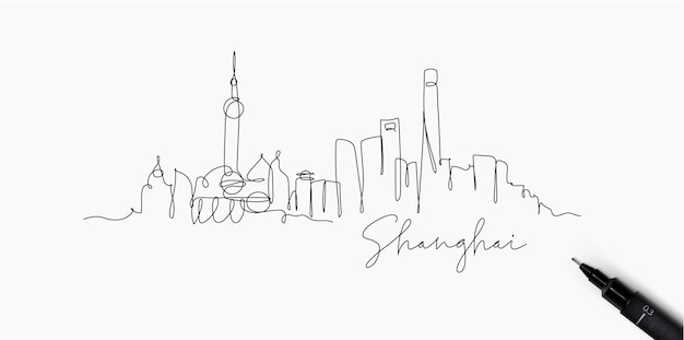 City silhouette Shanghai in pen line style drawing with black lines on white background