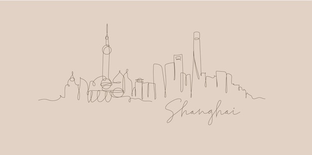 City silhouette Shanghai in pen line style drawing with brown lines on beige background