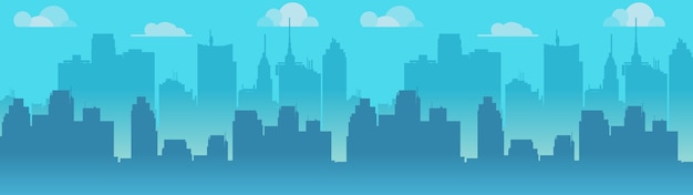 City skyline illustration, blue city silhouette. 