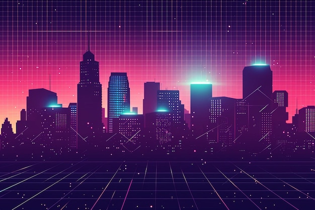 City Skyline With Grid Background Synthwave