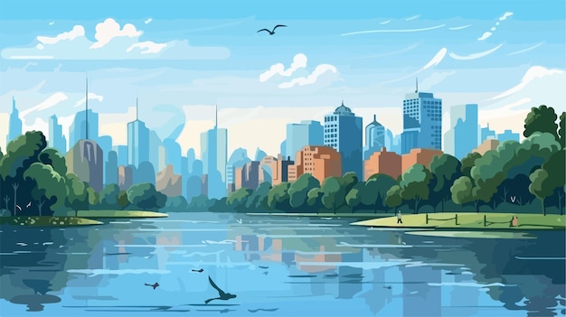 a city skyline with a lake and birds flying above it