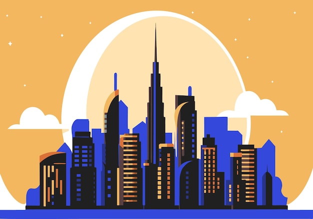 A city skyline with a large building in the middle and a moon in the background