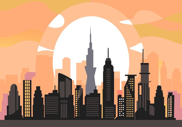 A city skyline with a large sun in the background