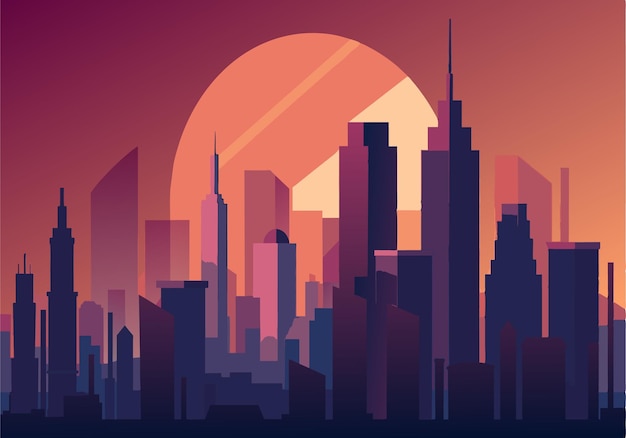 A city skyline with a large sun in the background