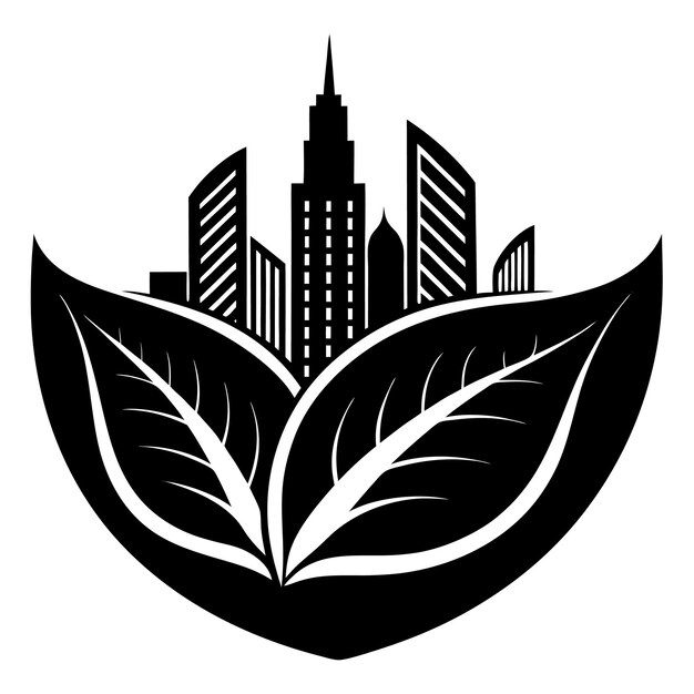 city skyline with leaf logo