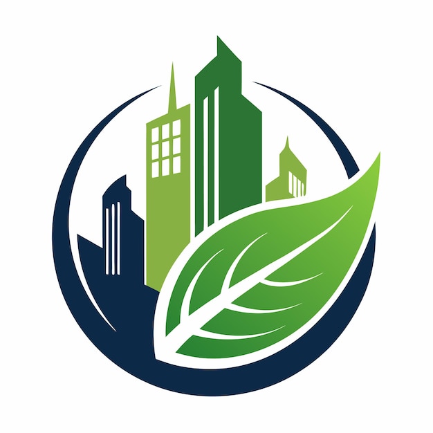 city skyline with leaf logo