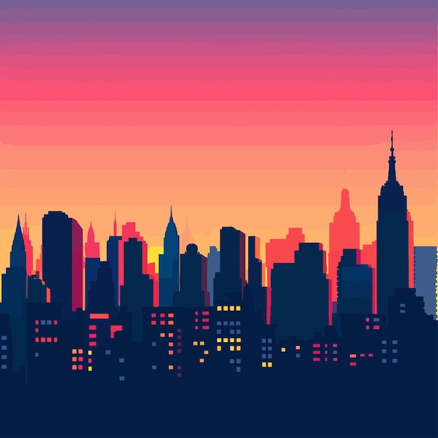 a city skyline with a pink and orange sunset