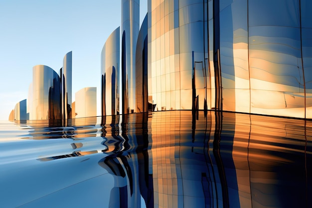 a city skyline with the reflection of the city in the water