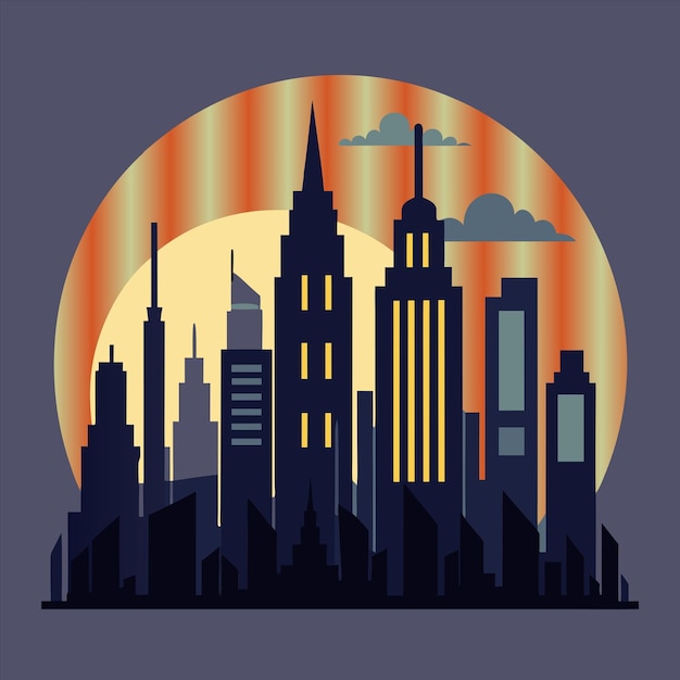 Vector a city skyline with a sunset and a city in the background