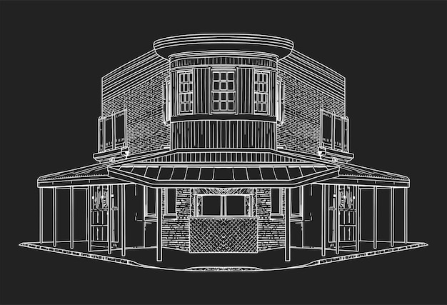 City store frontal view Vector line art illustration on black background