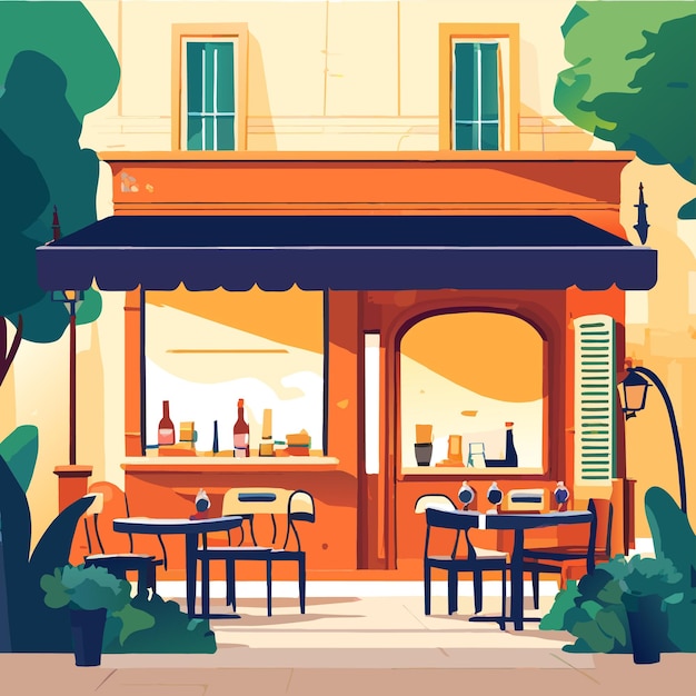 City street cafe with tables and chairs on park alley vector cartoon illustration