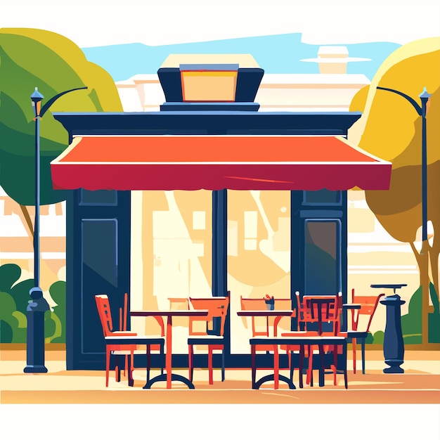 City street cafe with tables and chairs on park alley vector cartoon illustration