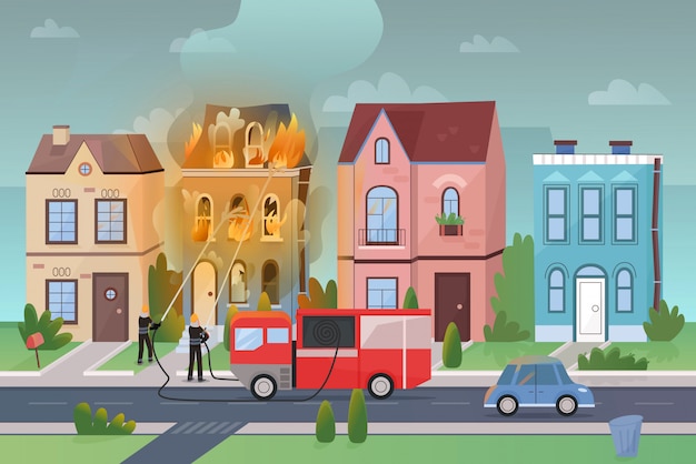 City street landscape at disaster massive fire  cartoon  illustration panorama.