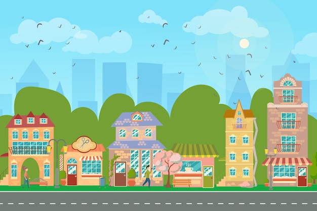 City street Panoramic cityscape with bright houses walking pedestrians flowering trees Shop and stores Spring city Vector illustration in cartoon style