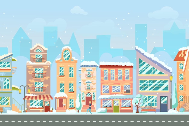 City street Panoramic cityscape with bright houses walking pedestrians snow Shop and stores Winter city Vector illustration in cartoon style