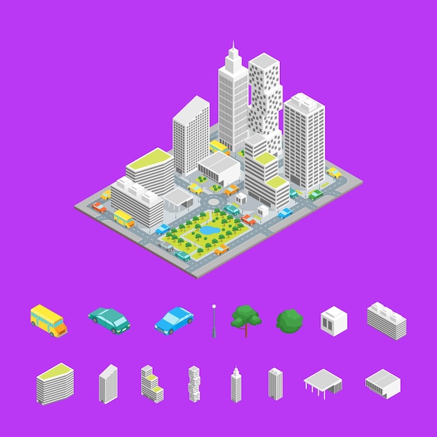 City Streets and Elements Isometric View Architecture Modern District for Map Plan on a Background Vector illustration of Street