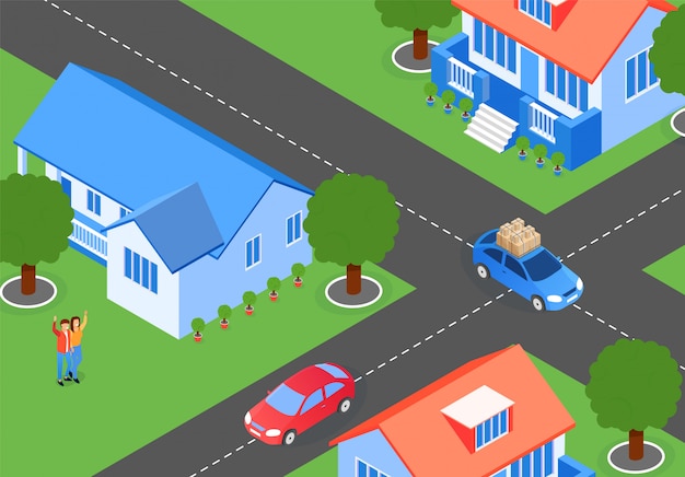 City Streets Neighboring Houses Cartoon Flat 