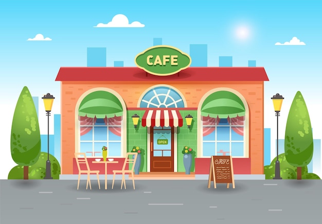 City summer cafe. Bright coffee shop in the city with a table. flat illustration