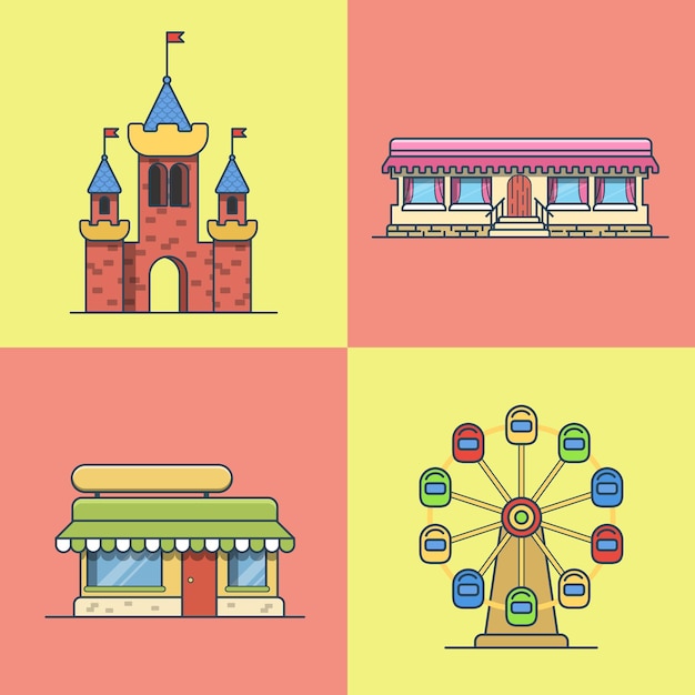 City town architecture castle ferris wheel bakery fast food restaurant cafe building set. Linear stroke outline flat style  icons. Multicolor line art icon collection.