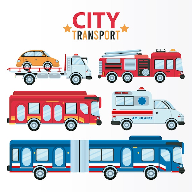 city transport lettering and bundle of five vehicles illustration