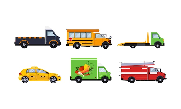 City transport set truck school bus tow truck taxi fire truck vector illustration on a white