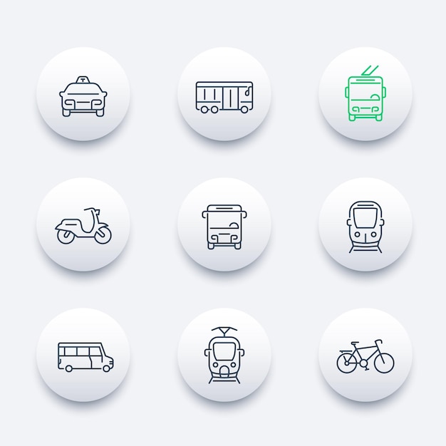 City transport, tram, train, bus, bike, taxi, trolleybus, line round modern icons, vector illustration