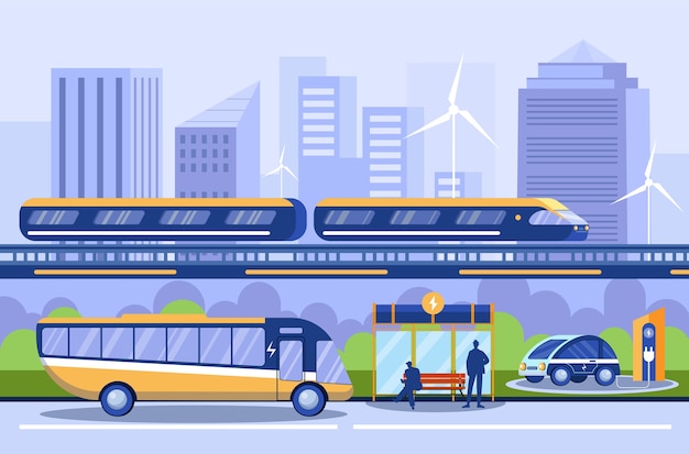 City transportation  . Different public transport. Subway, metro. Bus platform, charging station. Electrocar, electric automobile. Eco vehicles. Urban ecology 