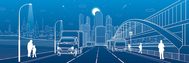 Vector city transportation infrastructure illustration passengers get off the bus people walk