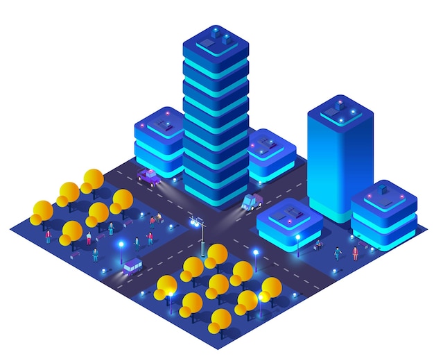 City urban area map Isometric night lights ultraviolet 3D illustration