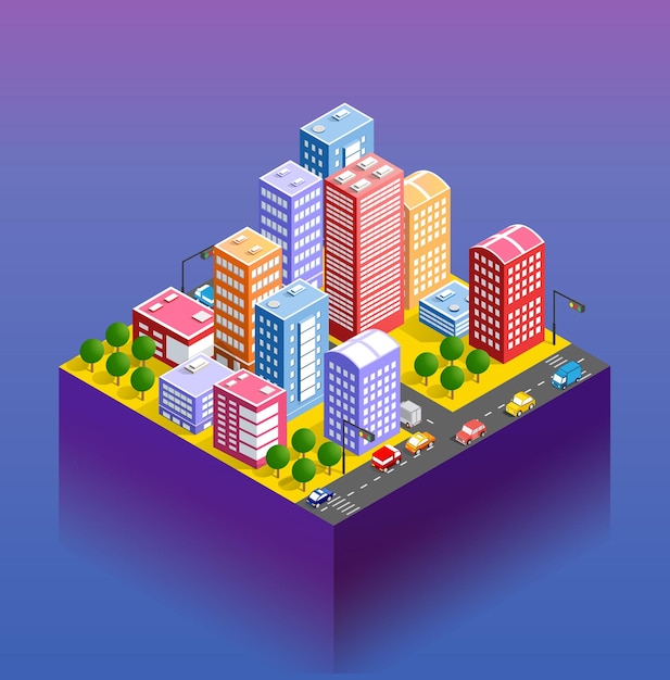 City urban area map Isometric vehicles 3D illustration