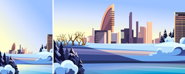 Vector city in winter season. landscape with modern buildings in different formats.