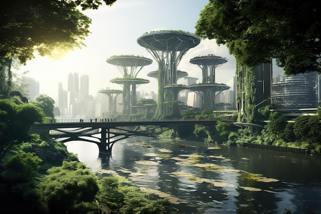 a city with a bridge and trees in the background